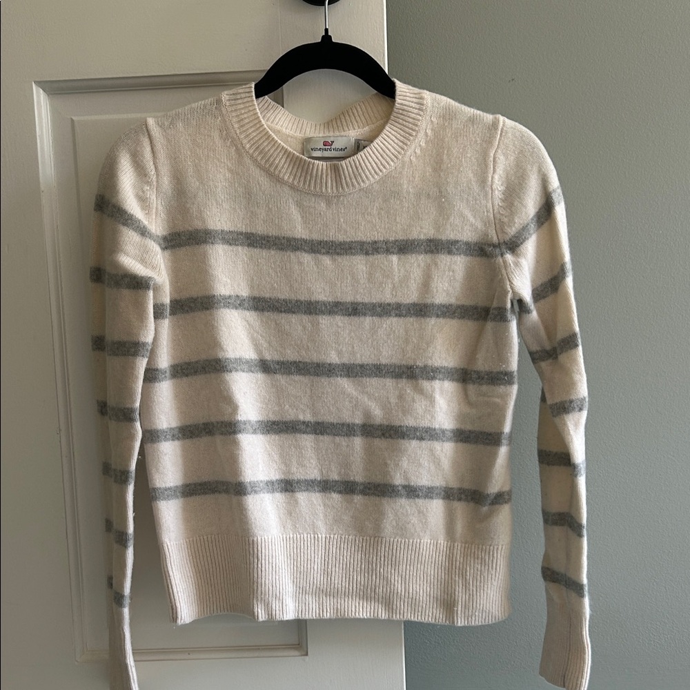 Vineyard Vines Women's Cashmere Striped Crew Neck Sweater - Cream and Gray